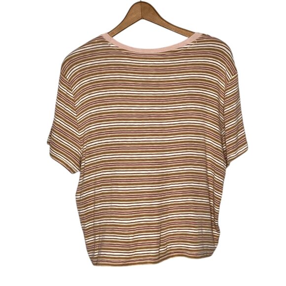 American Eagle XL Brown Stripe Ribbed Knit Crop Crewneck T-Shirt Baby Tee Top - Picture 2 of 4